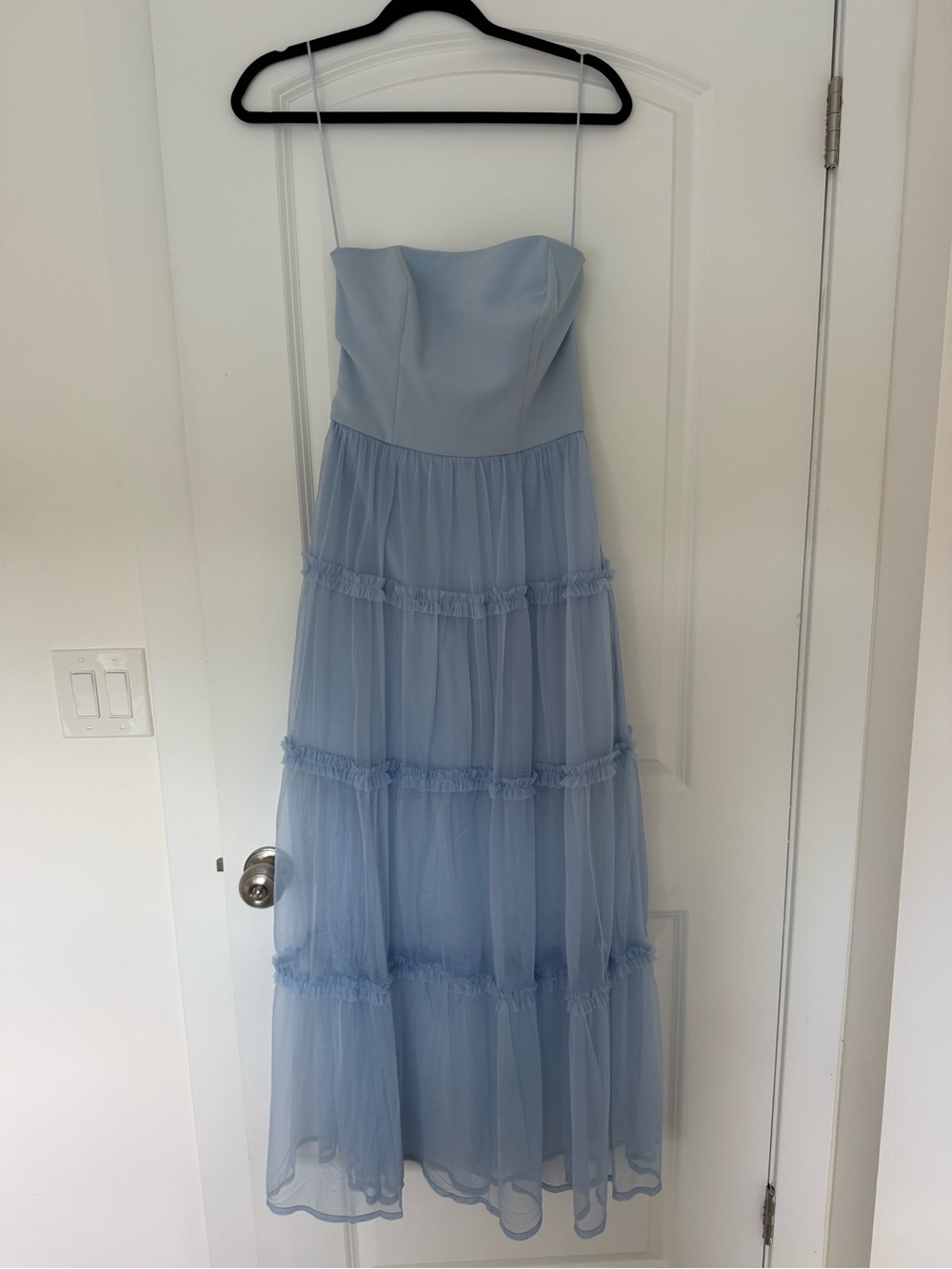 French Connection Pale Blue Strapless Tiered Maxi Dress